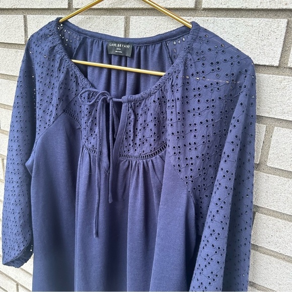Lane Bryant Navy Blue Eyelet Sleeve Peasant Blouse 14/16 Plus 3/4 Raglan - Picture 3 of 12